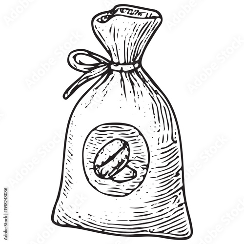 Coffee bean bag sketch, sack of grains illustration, packaging vector