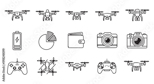 A set of drone and photography related line icons and symbols with controllers and gadgets on Transparent Background for tech and design use.