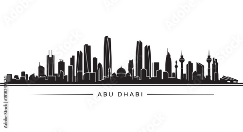 Abu Dhabi city skyline silhouette illustration with modern skyscrapers and iconic landmarks in a sleek black and white design.