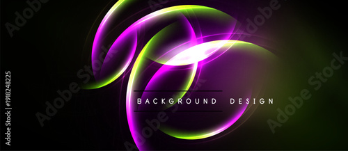Abstract neon swirls, vibrant purple, green hues. Dark background creates striking visual impact. Modern design element.