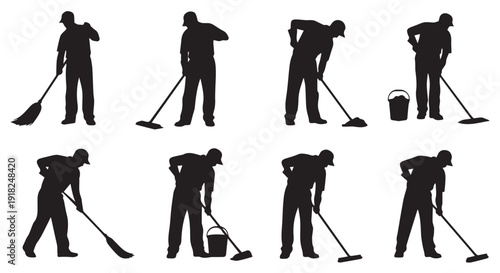 Silhouettes of people cleaning floors with mops in various poses and actions, isolated on Transparent Background.