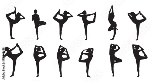 Silhouettes of people practicing various yoga poses on a Transparent Background, showcasing different asanas and meditation postures.
