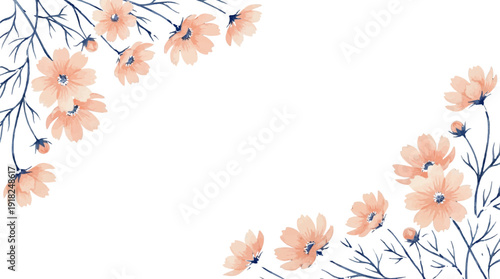 Peach floral corner border vector design perfect for spring greeting cards and wedding invitations