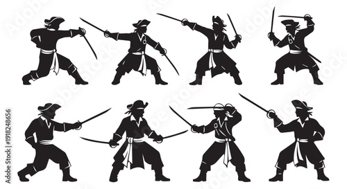 Collection of eight samurai warriors in various sword fighting stances and poses, black silhouettes on Transparent Background.