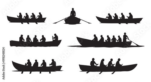 Silhouettes of rowing teams in various boat configurations on a Transparent Background, showcasing teamwork and synchronized oar strokes.