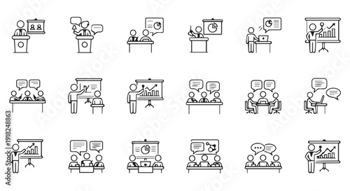 A set of 20 line icons depicting people working at desks with computers and laptops in an office setting with various emotions and tasks.