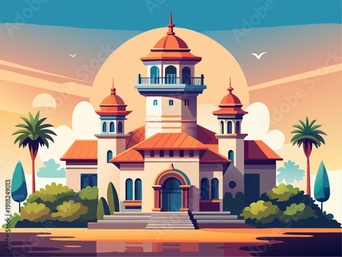 Charming mediterranean villa with orange domes, tower, palm trees, and scenic sunset landscape by the water