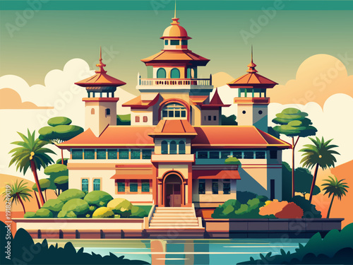 Elegant lakeside palace with red roofs and tropical surroundings, reflecting tranquility and exotic architectural charm