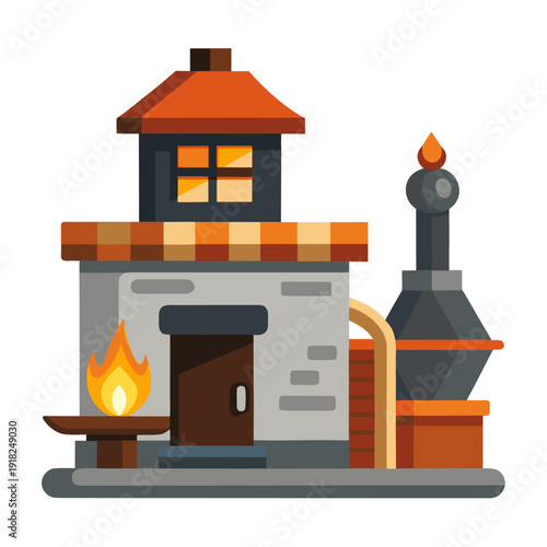 Colorful cartoon blacksmith forge with chimney, anvil, and wooden door in vibrant medieval design for gaming and educational use