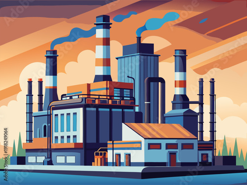 Industrial factory illustration with smoke stacks and colorful sky in a modern geometric art style