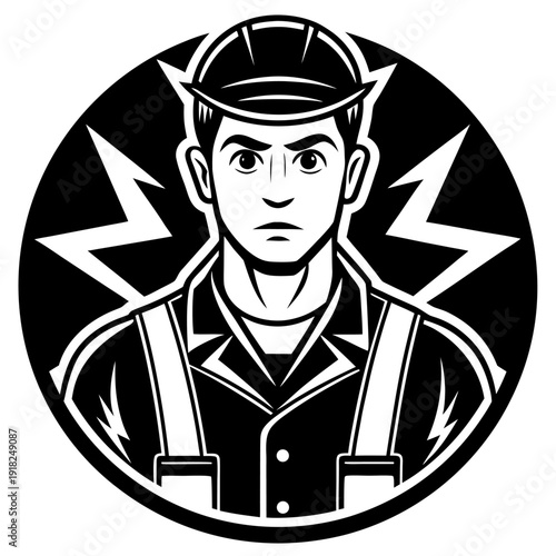Monochrome icon of determined electrician in uniform and hard hat with lightning bolts in background depicting power and safety