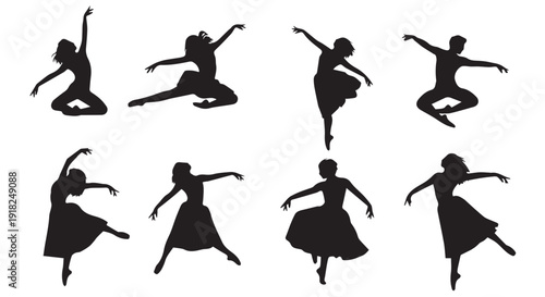 Eight black silhouettes of dancing women in various ballet poses isolated on Transparent Background for graphic design.