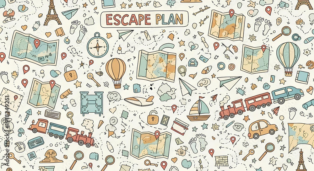 Fototapeta premium Doodle Travel Escape Plan Seamless Pattern Background.