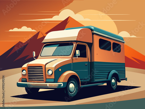 Vintage camper van with retro design against mountain landscape and sunset sky background in stylized artwork