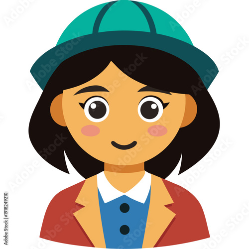 Colorful illustration of a smiling young woman in casual outfit with green cap and blushing cheeks