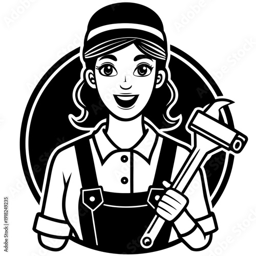 Cheerful female mechanic holding wrench in monochrome cartoon style with circular background and baseball cap