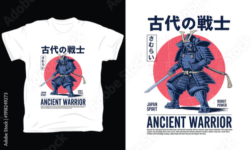 Ancient warrior illustration on t-shirt graphic design concept with japan samurai power