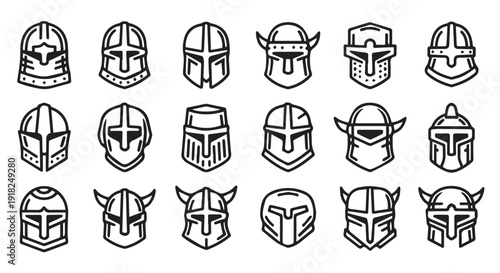 Collection of 15 unique fantasy helmets and armor headgear designs in black and white line art on Transparent Background