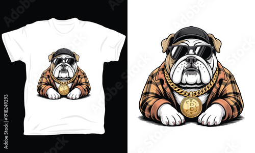 Bulldog bitcoin chain vector illustration gangster dog fashion