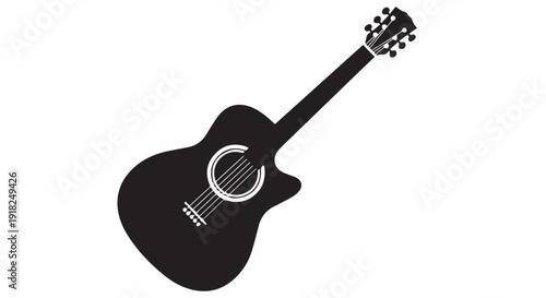 A minimalist black silhouette of an acoustic guitar against a Transparent Background, perfect for music related designs or themes.