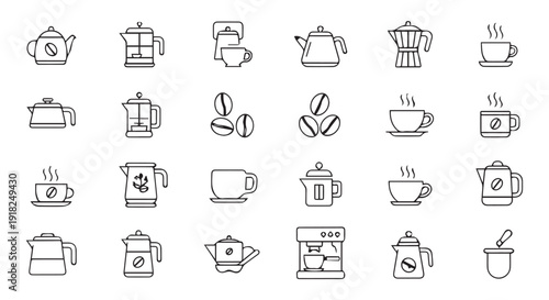Collection of 20 simple black line icons for coffee and tea on Transparent Background, perfect for cafe or restaurant branding and menu design.