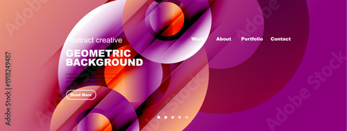 Modern website design features vibrant gradients, geometric shapes, text elements, navigation menu. Stylish presentation for digital projects.