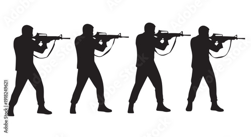 Silhouetted soldiers in various combat stances holding rifles, isolated on a Transparent Background, depicting military training or tactical operations.