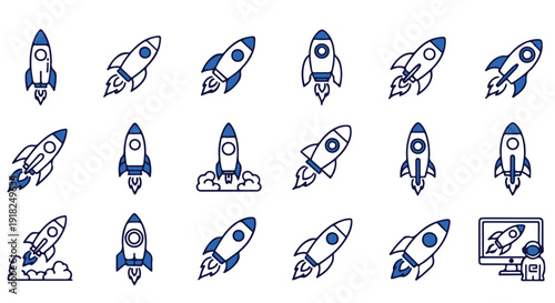 Collection of various blue and white rocket ship icons in different flight stages and angles on Transparent Background for design and technology concepts.