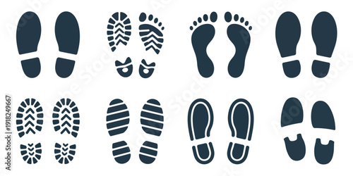 footprint icons collection, featuring human footprints, shoe prints, boot prints, and sole silhouettes, isolated