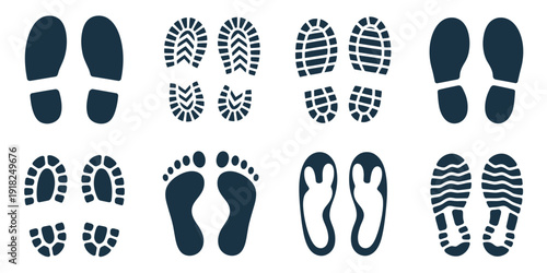 Footprint and shoe print icons set, vector illustration on white background, including human, shoe, boot, and sole prints, perfect for tracking