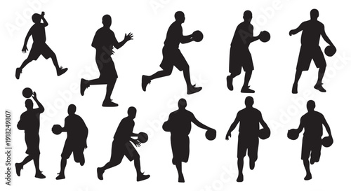 Collection of silhouette basketball players in various dynamic poses, running and dribbling with basketballs.
