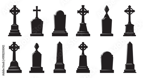 Collection of various Celtic cross headstones and grave monuments in black silhouette on Transparent Background, for history, culture, and mourning concepts.