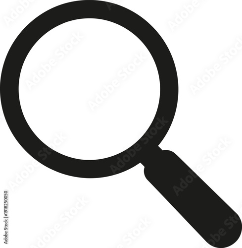 Flat minimalist search icon represented by a magnifying glass silhouette. Black and white vector design with solid shapes, clean negative space, and high contrast. Ideal for user interfaces, web apps,