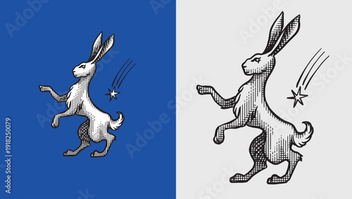 Heraldic hare standing with a falling star for coat of arms design and shield. Hand drawn engraving in old traditional medieval style, modern made element for family symbols and logo templates