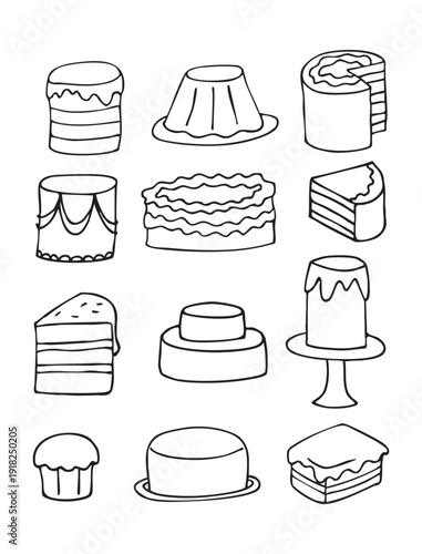 Set of cake icons in a simple line style. Vector illustration of various desserts isolated on white background, including layered cakes, slices, cupcake, and festive cakes