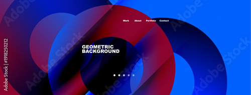 Abstract design features flowing shapes, vibrant colors. Text displays website navigation, geometric background title. Modern, dynamic composition.