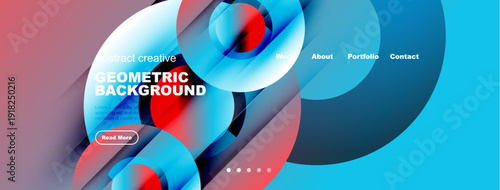 Abstract geometric design. Blue, red hues dominate. Website header with navigation elements present. Modern aesthetic, vibrant colors.