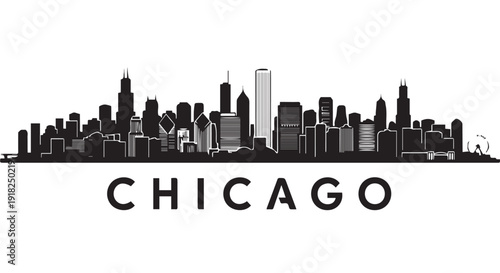 Chicago city skyline silhouette illustration with iconic buildings and cityscape, urban landscape in black and white.