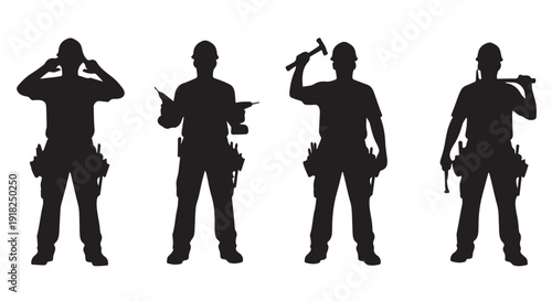 Four construction workers in various poses in black silhouette against a Transparent Background, showcasing labor and industry.