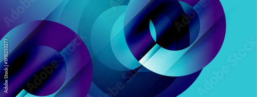 Abstract shapes overlap, creating fluid gradients. Blue, purple hues dominate composition. Modern design, dynamic feel.
