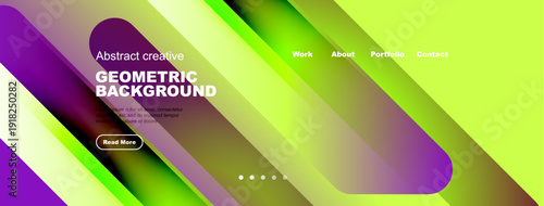 Abstract website header design. Vibrant gradients, geometric shapes, text elements present. Navigation links visible. Modern aesthetic.