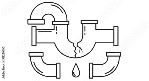 Cracked pipe with leaking drop, plumbing issue illustration