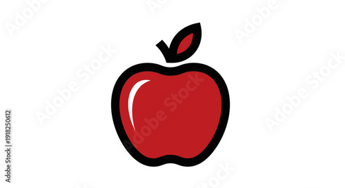 Simple minimalist red apple fruit with green leaf design, isolated white background.