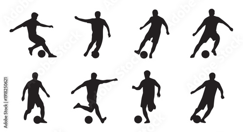 Silhouettes of soccer players in various dynamic poses playing football on a Transparent Background, ideal for sports themes.