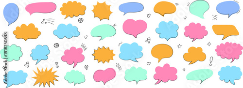 Doodle speech bubble collection in hand-drawn outline style. Simple communicative frames and comic clouds perfect for notes, dialogs, captions, titles, planners, stickers, social media graphics, educa
