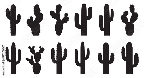Collection of various black silhouette cactus icons on Transparent Background, desert plants, prickly pears, and other arid landscape flora for design and decoration.