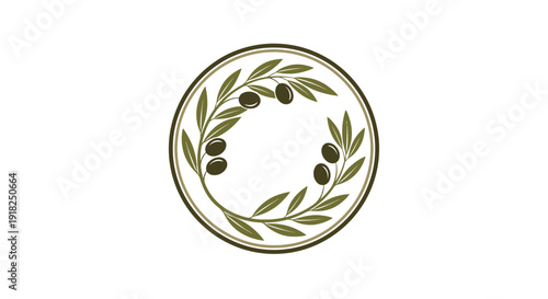 Elegant olive branch wreath with black olives, circular frame on light background.