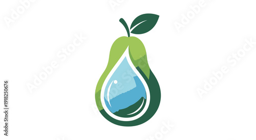 Green pear fruit with a fresh blue water drop icon on isolated white background.