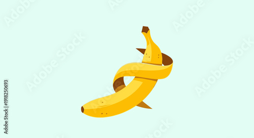 Fresh peeled yellow banana fruit with spiral skin on light blue background.
