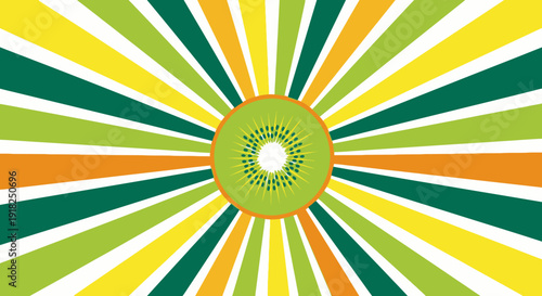 Bright kiwi fruit slice with vibrant green yellow sunburst rays background.